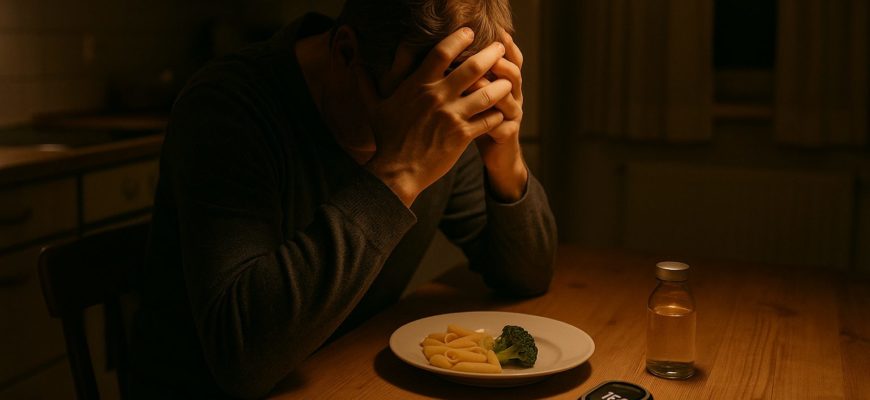 эмоциональная усталость при диабете — человек за столом с глюкометром