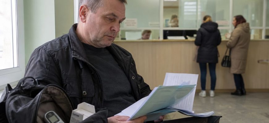 Мужчина с документами в поликлинике оформляет помощь при диабете по ОМС