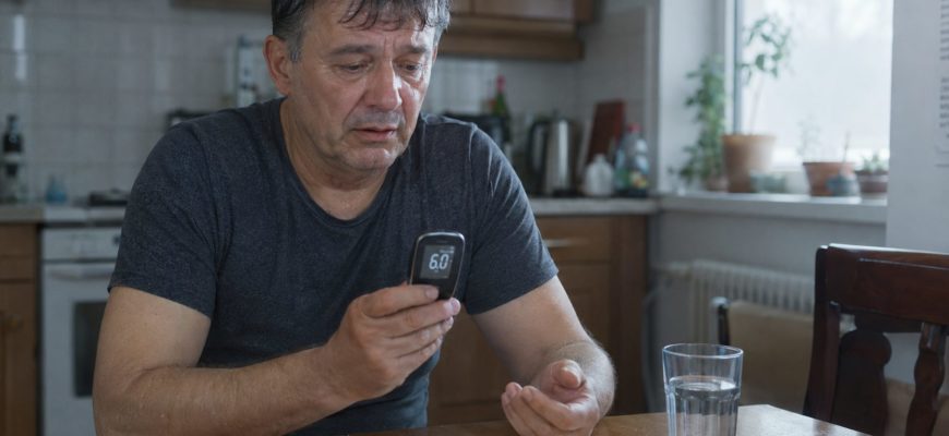Мужчина проверяет сахар 6,0 при симптомах ложной гипогликемии