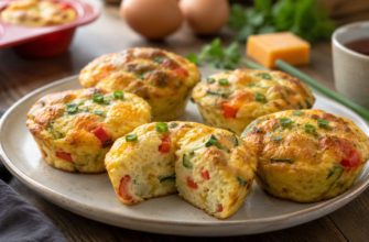 Яичные маффины с сыром, зеленью и овощами на тарелке
