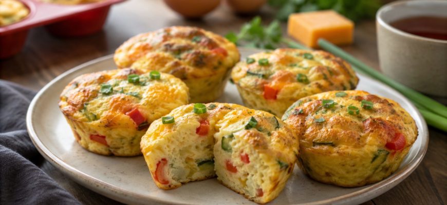 Яичные маффины с сыром, зеленью и овощами на тарелке