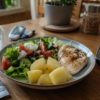 Небольшая порция варёного картофеля с курицей и овощами при диабете 2 типа