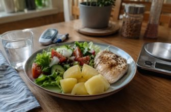 Небольшая порция варёного картофеля с курицей и овощами при диабете 2 типа
