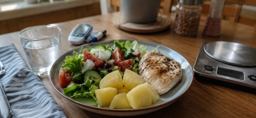 Небольшая порция варёного картофеля с курицей и овощами при диабете 2 типа