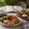 Кухонные весы, калорийные продукты и сбалансированная тарелка при диабете