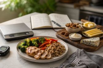 Кухонные весы, калорийные продукты и сбалансированная тарелка при диабете