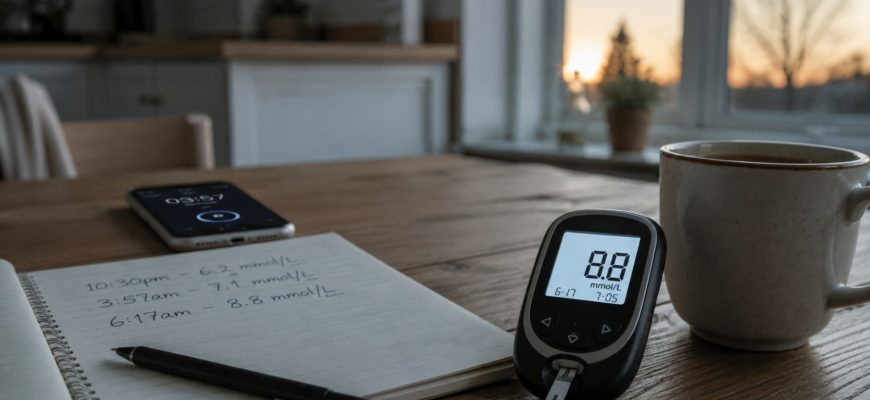 Глюкометр с показателем 8,8 ммоль/л утром рядом с дневником замеров